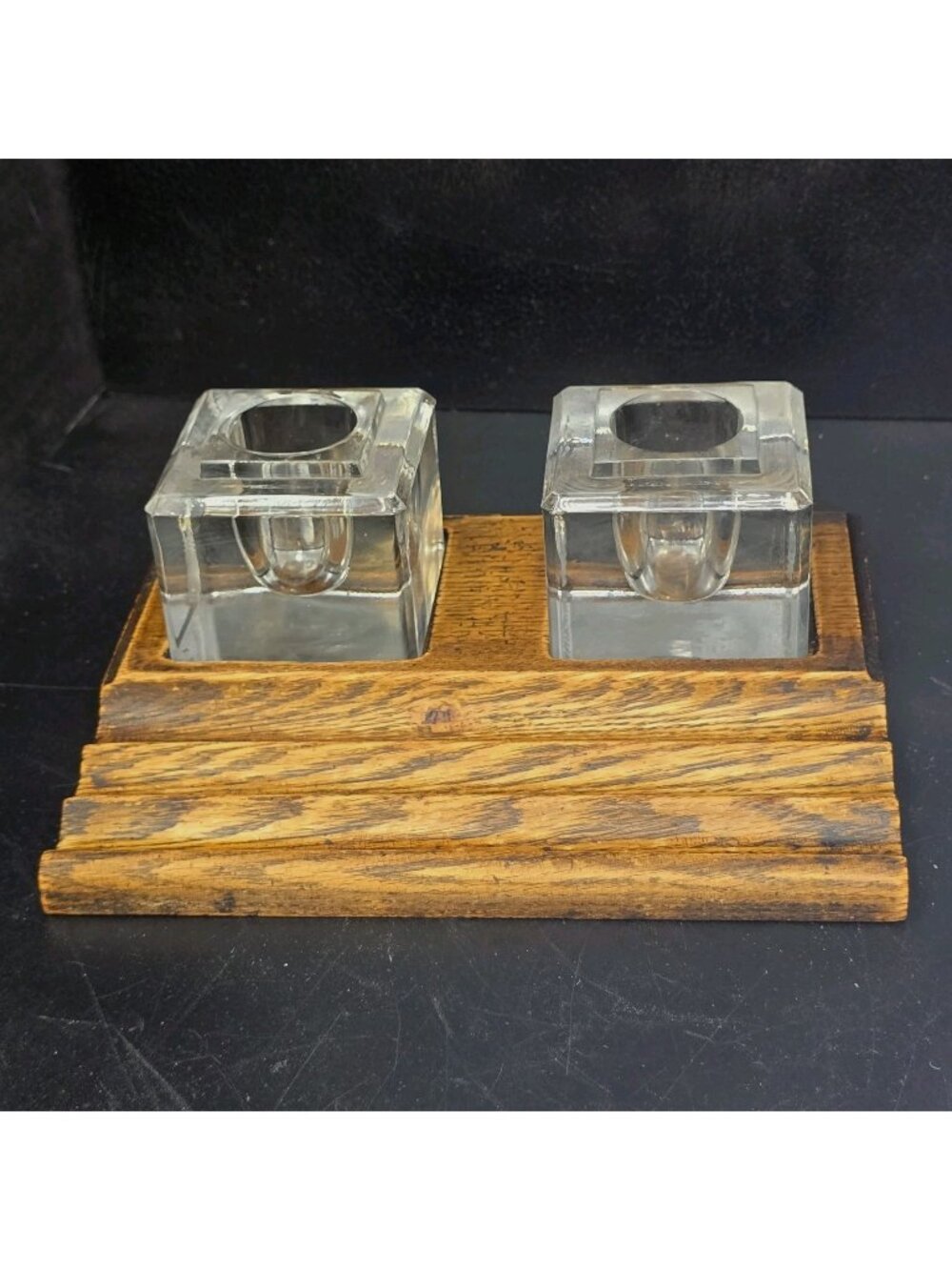 Antique Double Inkwell Wooden Desk Top Pen Holder